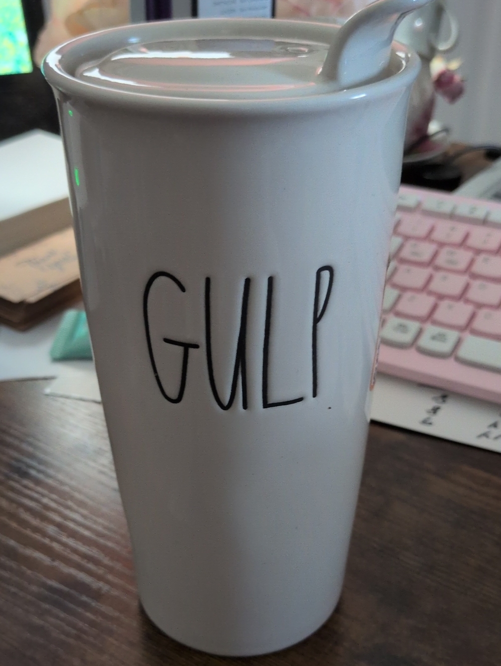 RAE DUNN GULP White Ceramic Travel Mug with Lid - New